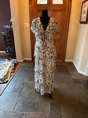 Floral V-Neck Ruffle Maxi Dress in Ivory with Multicolor Print by Walter Baker